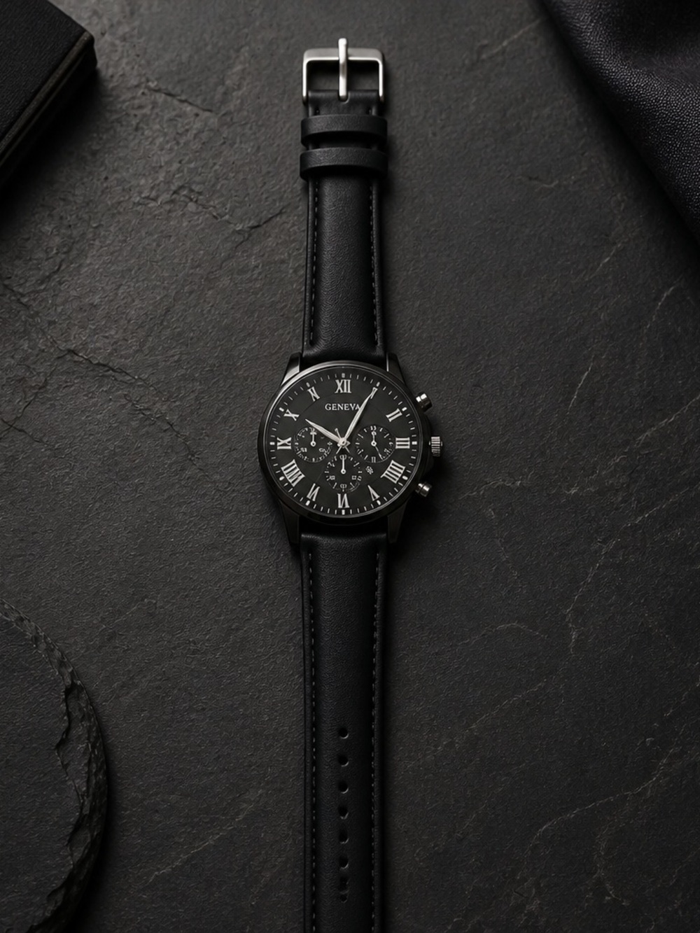 Geneva Men’s Black Leather Quartz Wristwatch Roman Numeral Dial NWT